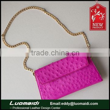 Fashion handmade rose red genuine ostrich leather women handbag, high quality leather messenger bags China manufactrue