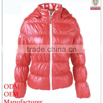 lady clothing manufacturer removable hood down feather round hem long sleeve zipper front stand up collar ladies red coat