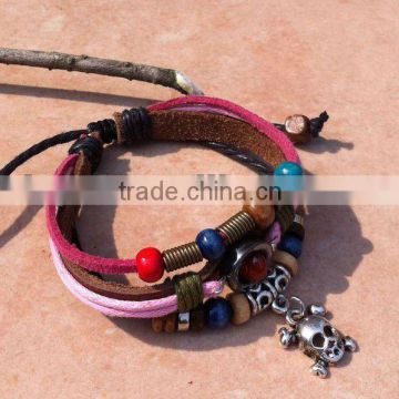 2012 colorful retro punk style leather bracelets for women with red stone bead
