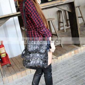 New style genuine leather backpack bag and shoulder bag with rivet and patchwork
