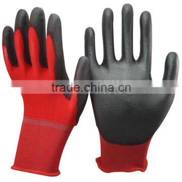 NMSAFETY 13 gauge knitted red polyester liner coated black PU on palm for light industry