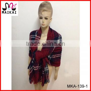 Ladies winter fashion checked design knitted acrylic shawl