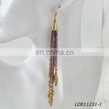 Purple Crystal Bead Add Antic Gold CCB Drop Hoop Earrings