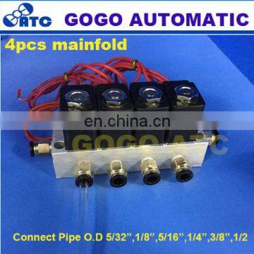 4pcs manifold valve connet pipe O.D 5/32 1/8 5/16 1/4 3/8 1/2 Pneumatic direct act solenoid valve 2V025-06 24V DC gas valve set