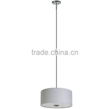 3 light chandelier(Lustre/La arana) in satin steel finish with a round 16" milky weave fabric shade