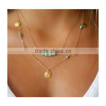 2016 lateste design turquoise beads gold layer pendant necklace jewelry