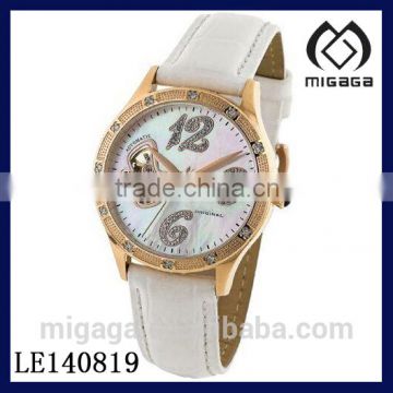 fashion Women's Artificial Diamond Butterfly Automatic Watch White leather*Women butterfly automatic gold plated watch