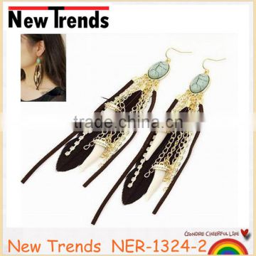 Fashion blue turquoise drop earring with feather and crystal