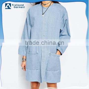 2016 high quality tunic neck loose denim top shirt/denim shirt for ladies
