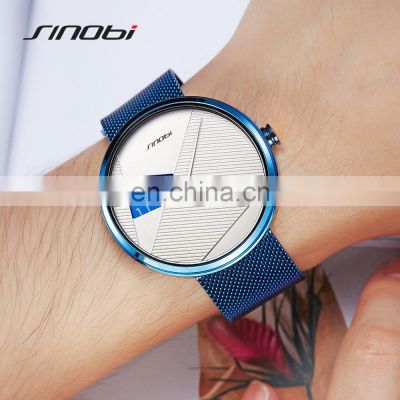 SINOBI Hollow Out Dial S9801G Men Creative Watch Wrist Sapphire Mesh Band Handwatch Youth Unique Design Male Watches
