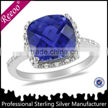 plata 925 cadenas para hombres, blue sapphire color CZ engagement ring silver
