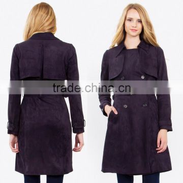 Wholesale Cheap Clothing Coat Made in China Long Sleeve Winter European Fashion Women Flare Faux Suede Trench Coat with Belt