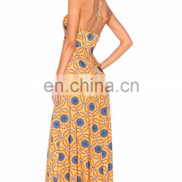 Yellow flower printing women maxi long beach dress