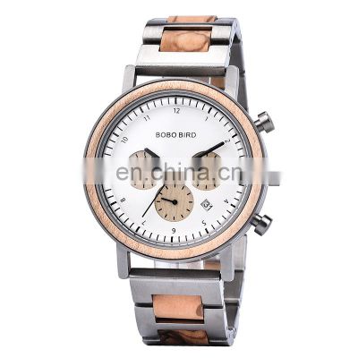 BOBO BIRD Mans Luxury Watches Stainless Steel Watched Men Wrist with Wooden Band Chronograph Wristwatch Customize Logo OEM