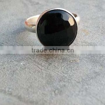 Sterling Silver Black Onyx round faceted Gemstone Ring