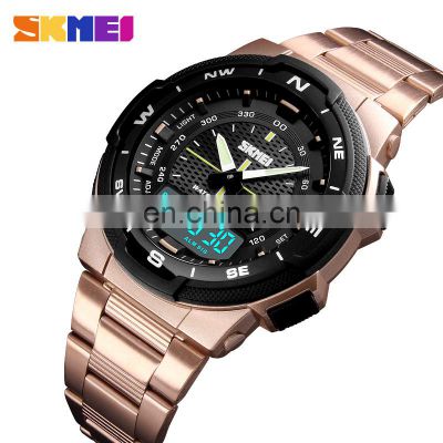 new design skmei 1370 stainless steel strap gold wristwatch jam tangan analog digital waterproof movement