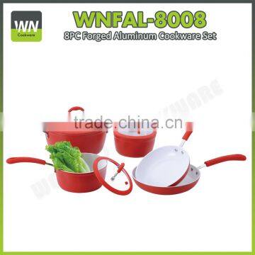 Red color outer coating 8pcs forged aluminium ceramic frying pan