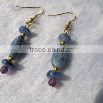 Unique handmade jewelry-blue kyanite gemstone round disc beads and dyed jade beads with gold vermail earring hook