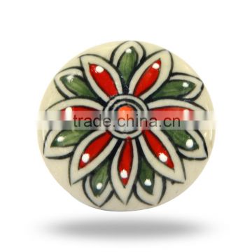 Ceramic Round Red Green And White Flower Knob