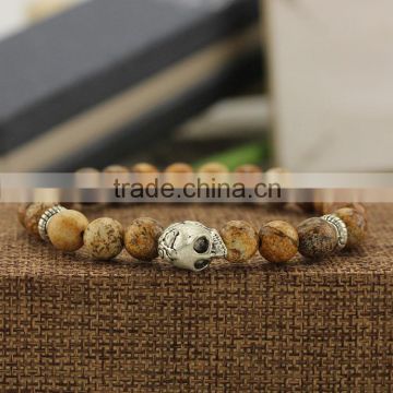 BRA0744 Leopard jasper gemstone beaded metal skull head bracelet