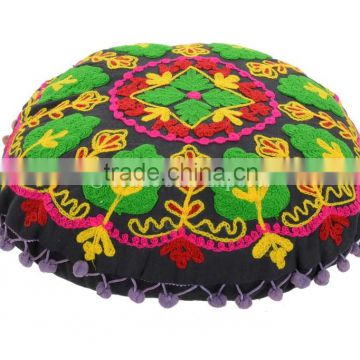 Round Uzbekistan Suzani Cushion Cover Indian Pillow Cover Decorative Throw Pom Pom Outdoor Boho Cushions