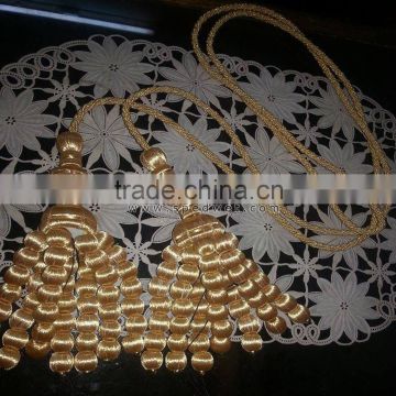 Beaded borlas con bolitas tassel gold with mylar metallic thread and long twisted cord | Church tassels manufacturer supplier