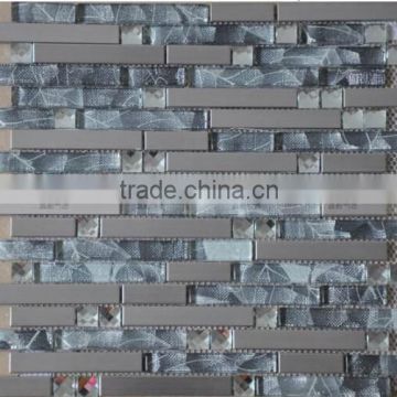 Beautiful pattern strip glass mix metal mosaic tile, 304 stainless steel material