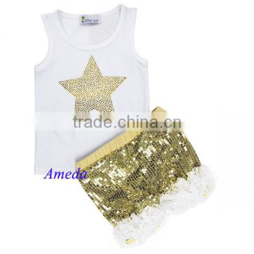 Bling Rhinestone Gold Star White Tank Top with Gold White Ruffles Petti Shorts 1-7Y