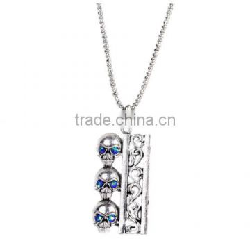 Jewelry Chain Necklace Three Skulls Halloween Pendant Antique Silver Blue AB Color Cubic Zirconia 70cm