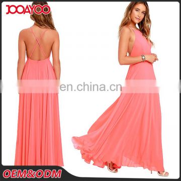 Sexy Woman Long Halter Strap Dress Chiffon New Style Pink Ladies Smart Casual Maxi Dress