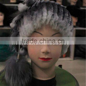 Real Silver Fox Fur Pompom Rex Rabbit Fur Beanies Womens Fur Hats