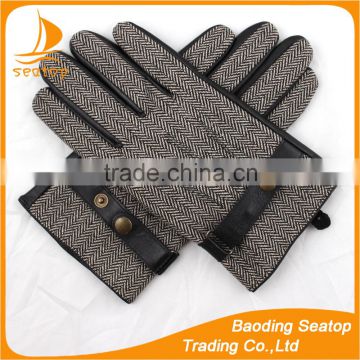 fashion men's raw sheepskin and Houndstooth fabric leather gloves with buckle