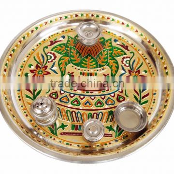 KALASH DESIGNED STAINLESS STEEL MEENAKARI DECORATIVE PLATE/ PUJA THALI-GOLDEN MEENA WITH 4 TUMBLERS (11" x 11" x 0.75" INCHES)