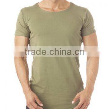 Oliver Green Scoop Neck Mens Longline T Shirt Spandex Cotton White Plain Gym T Shirt Short Sleeve Curved Hem T Shirt