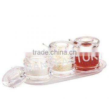 Wholesale Crystal clear 138ml three pieces Acrylic condiment pot set with tray 650