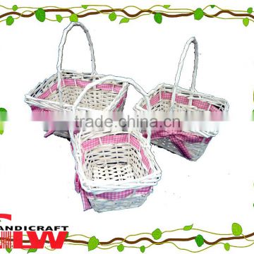 pink gift wicker baskets with handle,easter egg baskets wholesale,set of 3 rectangular pink willow and wood chip basket