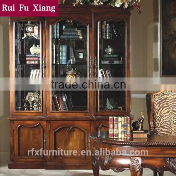 Classical wood book cabinet sideboard with glass door and handmade carving AI-207