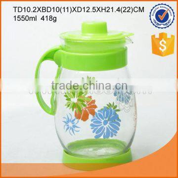 hot selling 1550ml glass water kettle with plastic lid and color decal