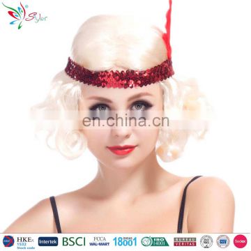 sexy woman short synthetic fibre curly hair wig with tiara feather and headband halloween blonde wig