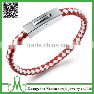 Mens Silver Stainless Steel Red White Leather Braided Bracelet Wristband
