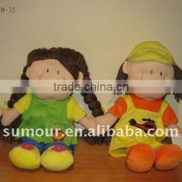 plush girl doll and boy doll with colorful cloth