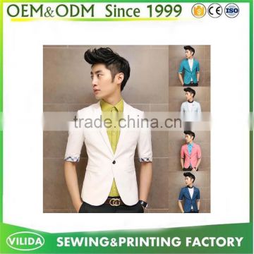 OEM One Button Front Short Sleeves Men Slim Fit Cotton Blazer with Lining