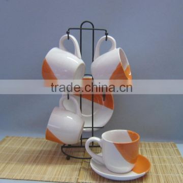 Set of 4 double colors ceramic custom mug and saucer with rack