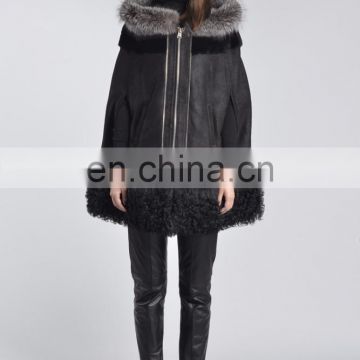 Classic Design Silver Fox Fur Hood Poncho Women's Vogue Mongolian Fur Tassel Cloak Fad Sheep Fur Leather Cape
