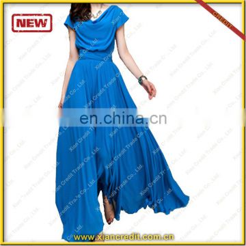 Long fashion blue silk evening dress