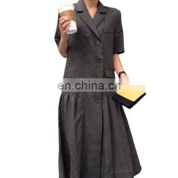 TWOTWINSTYLE Vintage Summer Notched Lapel Collar Short Sleeve High Waist Ruched Maxi Dress Women