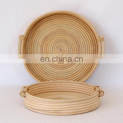 Hot Sale Set Of 2 Round Rattan tray With Handle Coffee table Serving Tray for Table Handwoven Basket for Breakfast Wholesale