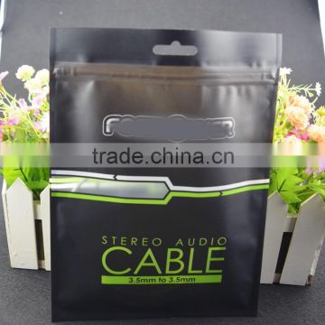 lamination plastic zip lock cable bag with hang hole / heat seal bag with black printing