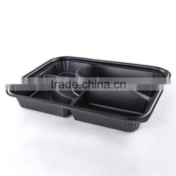 KW3-1102 Black 5 compartments plastic disposable microwaveable lunch box with clear lid(264*204*46mm)
