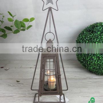Decorative Xmas rusty metal stand with lantern and glass and wooden star (81-14351S)